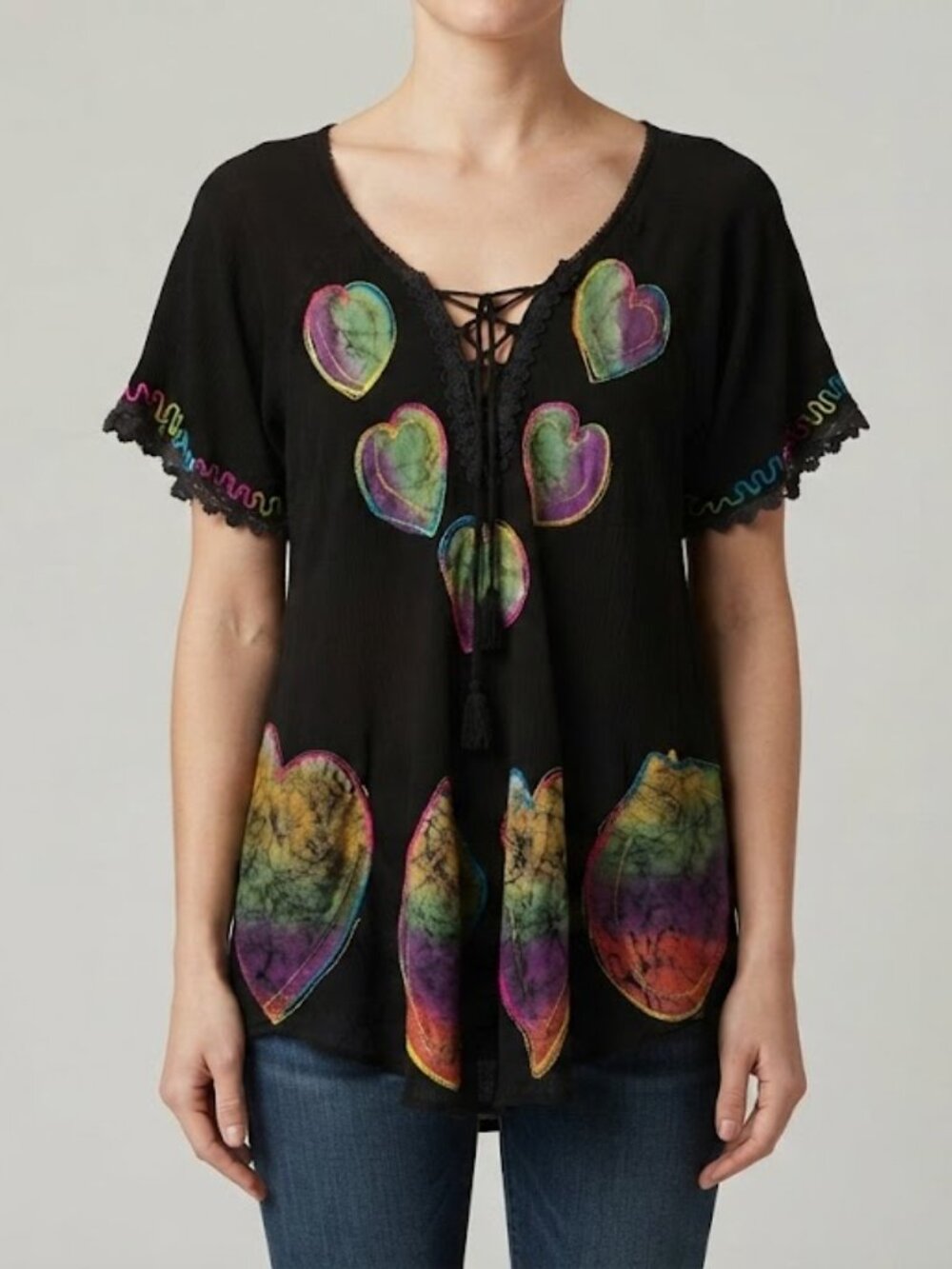 Vintage 80's Style Boho Whimsi Black Lace-Up Top with Multicolor Heart Accents